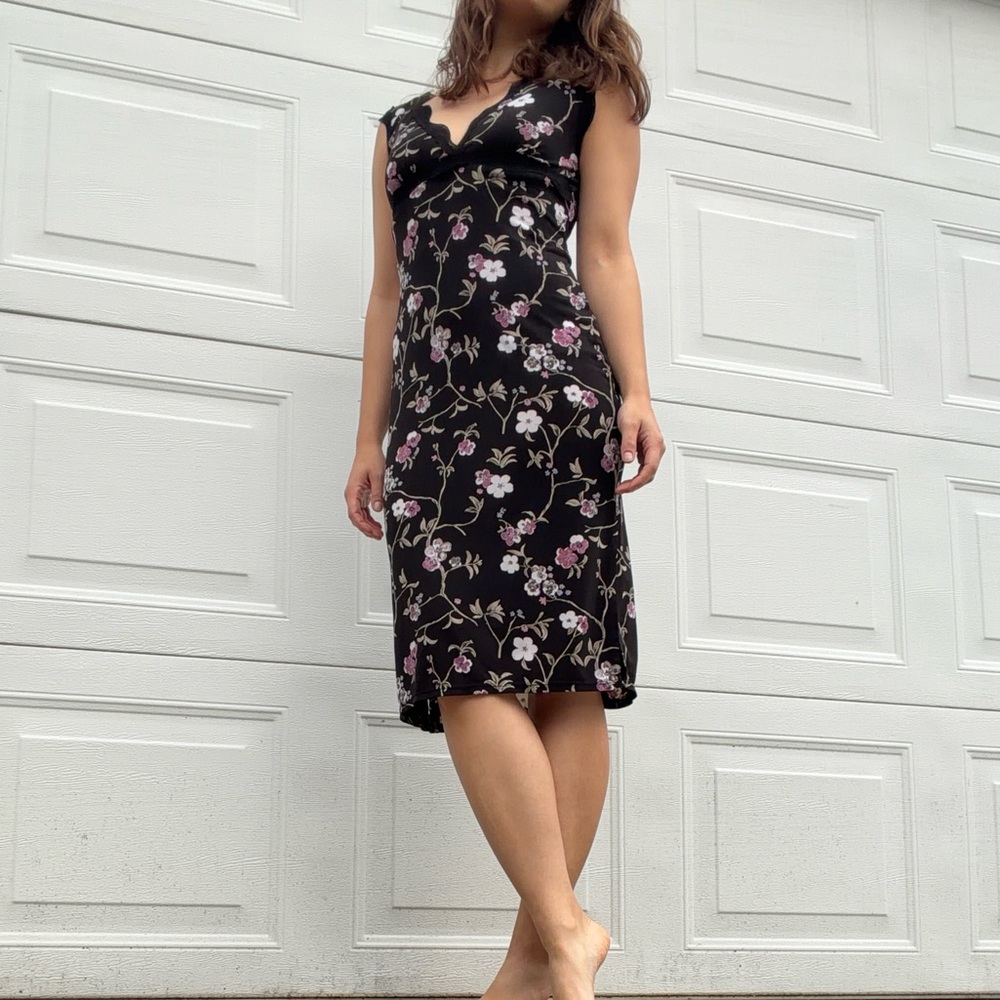 Vintage Guess Black and Pink Floral Midi Dress
